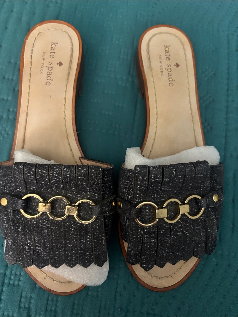 kate spade Black Fringe Slide Sandals with Gold Chain Accent 007